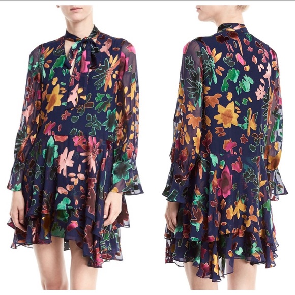 Alice + Olivia Dresses & Skirts - Alice + Olivia Silk Burnout Velvet Tie Neck Ruffle Tiered Shift Dress